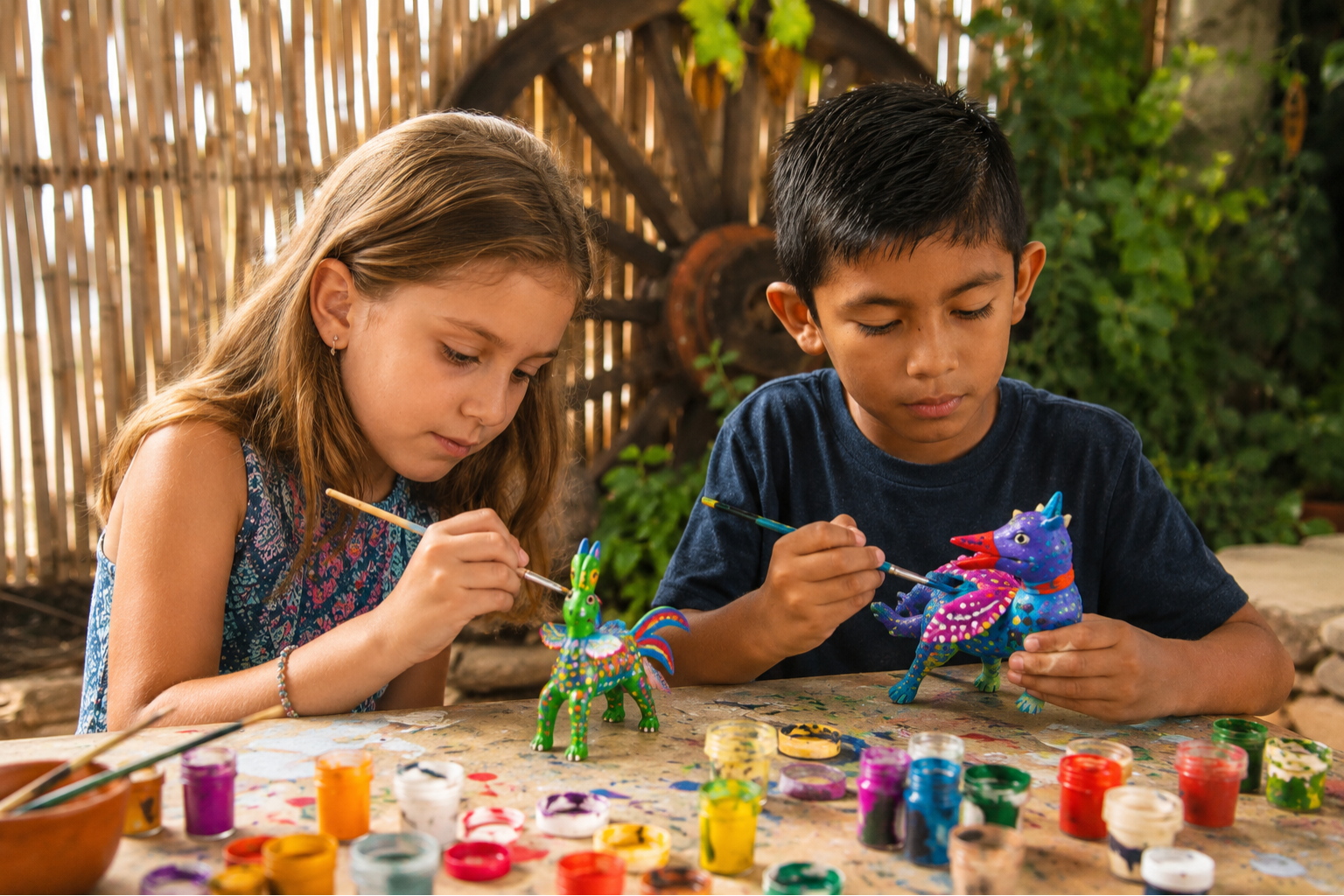 A child painting a carved wooden alebrije in Oaxaca